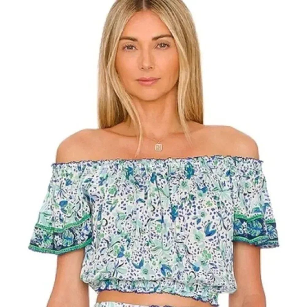 Poupette St Barth Camilla Top Blue Monaco Floral Off Shoulder Blouse M/L